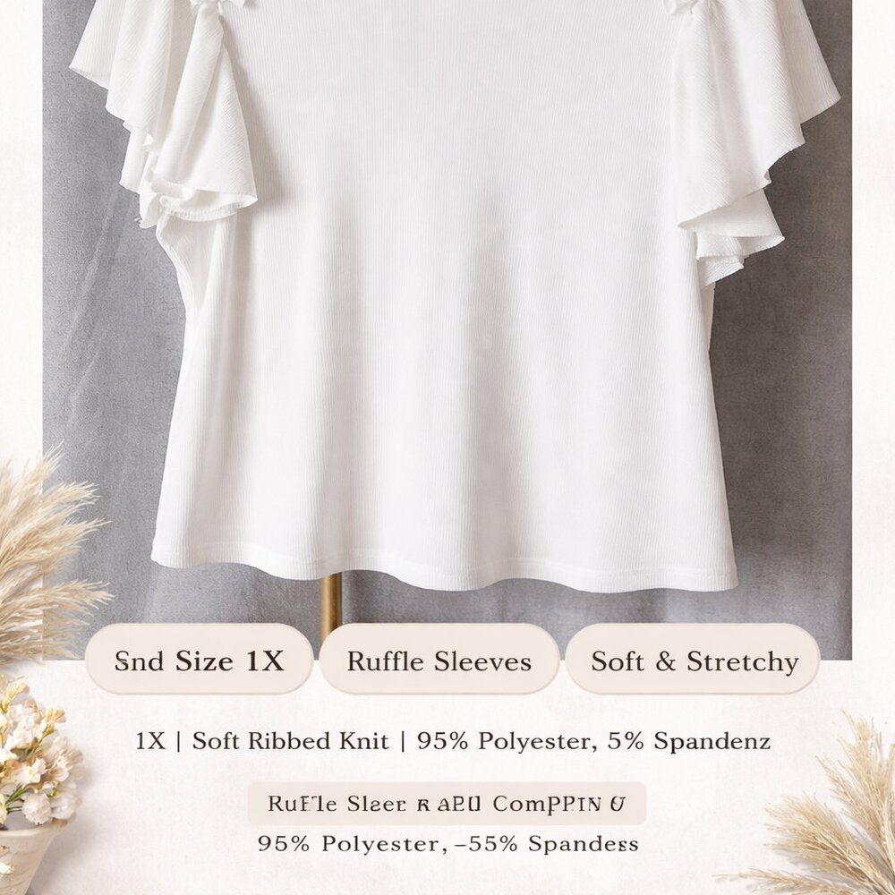 Kiss & Fly White Ruffle Sleeve Ribbed Top Size 1X Flutter Sleeve Blouse - Picture 2 of 8